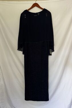 SLNY Navy Glitter Cape Overlay Maxi Gown Mother of the Bride Sz 6 NWT